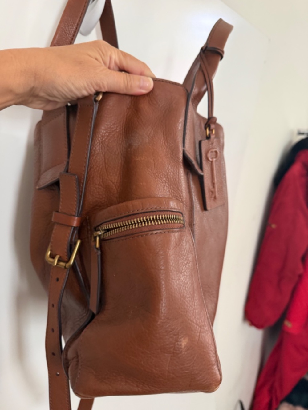 Fossil Emerson Medium Pebbled Leather Satchel Handbag Cognac/Brown - Picture 12 of 14